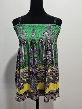 Shoreline Smocked Paisley Tank Top in Green & Yellow Size Xtra Small {Bx16}